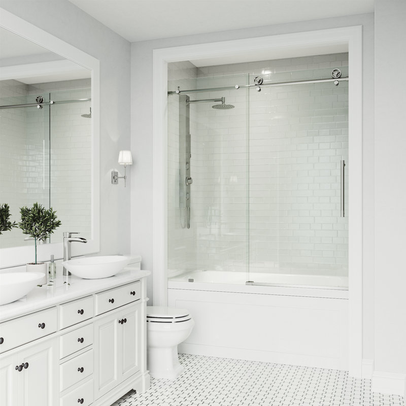 Porte de baignoire coulissante sans cadre avec verre transparent 3/8 po l 56-60 po x H 66 po Cass, Acier inoxydable