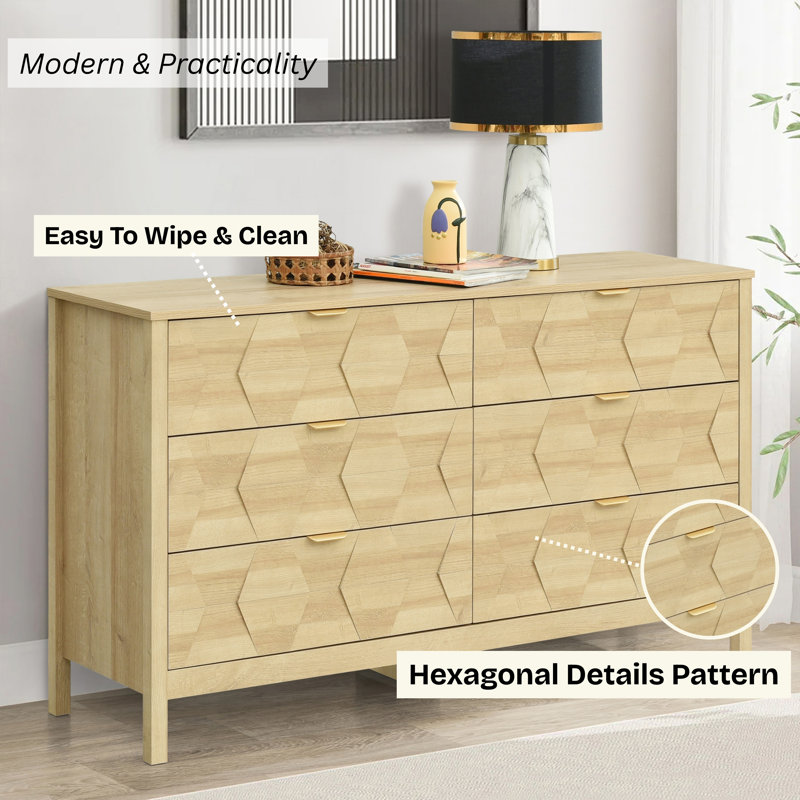Nordic 6 Drawer Dresser With Interlock Drawer Feature  for Bedroom, 54″ W Modern Wide Chest of Drawers, Wood Storage Organizer for Clothes, Entryway, Hallway, Nursery or Living Room