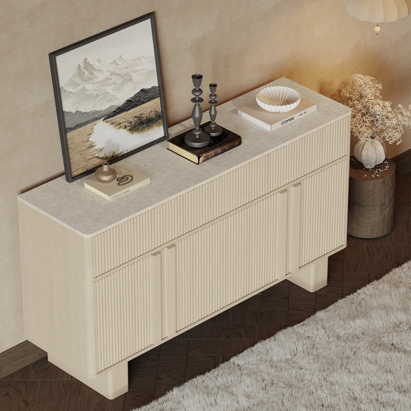 Fluted Buffet Cabinet with 3 Doors & 3 Drawers, 47” Wide Modern Sideboard with Faux Marble Top, Rounded Corners, Storage for Dining Room, Living Room, Hallway