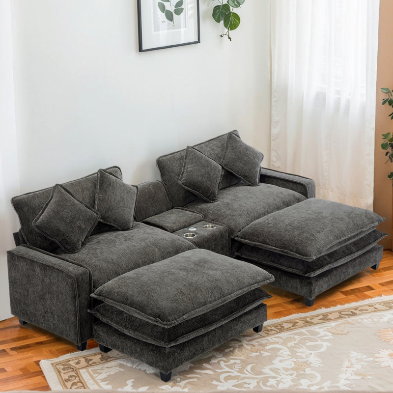 Canapé modulaire modulaire avec 2 repose-pieds, ports USB, porte-gobelets et rangement caché - Canapé en L revêtu de chenille