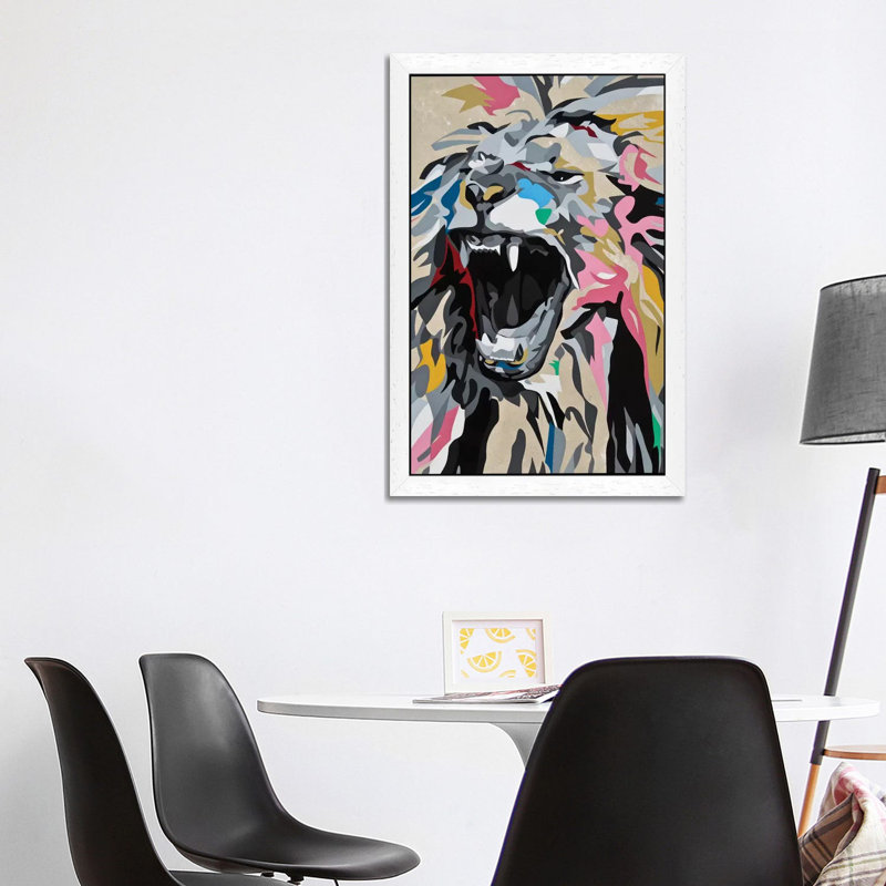 Roaring Lion by DAAS - Painting on Canvas, 101.6 cm H x 66.04 cm W, White Framed