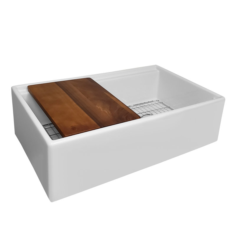 White Fireclay Farmhouse Single Bowl Kitchen Sink with Walnut Cutting Board
