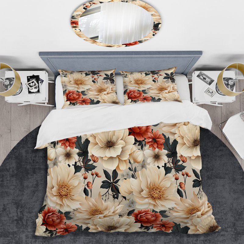 Ensemble de housse de couette Vintage White Boho Floral Garden Delights, Housse de couette pour très grand lit et 2 très