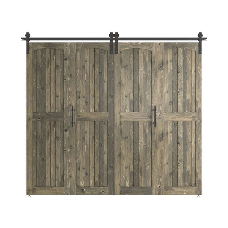Plateau arqué assemblé de 84 po Porte de grange double pliante Knotty, Tonneau vieilli, 96 po x 84 po