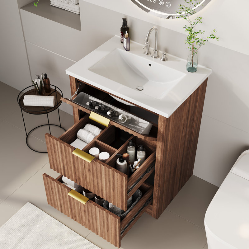 Meuble-lavabo de salle de bain cannelé, armoire autoportante de style maison de campagne avec 2 tiroirs coulissants et 1 tiroir rabattable