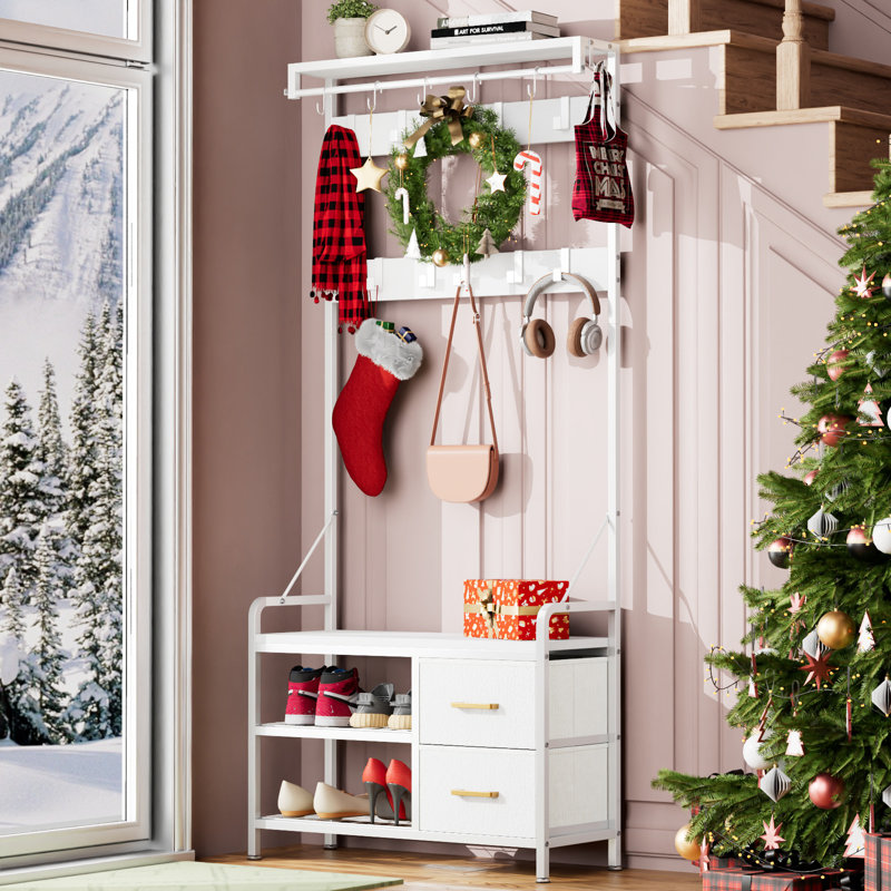 Hall Tree, Coat Rack with 17 Hooks & 2 Drawers, 6 in 1 Design Entryway Bench, Shoe Rack Hanging Rod