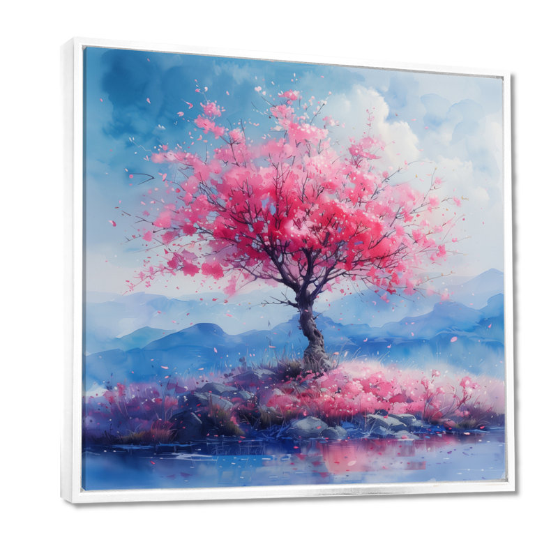 Fleur de cerisier rose et bleu, Toile encadrée flottée blanche, H 36 po x l 36 po x P 1,5 po