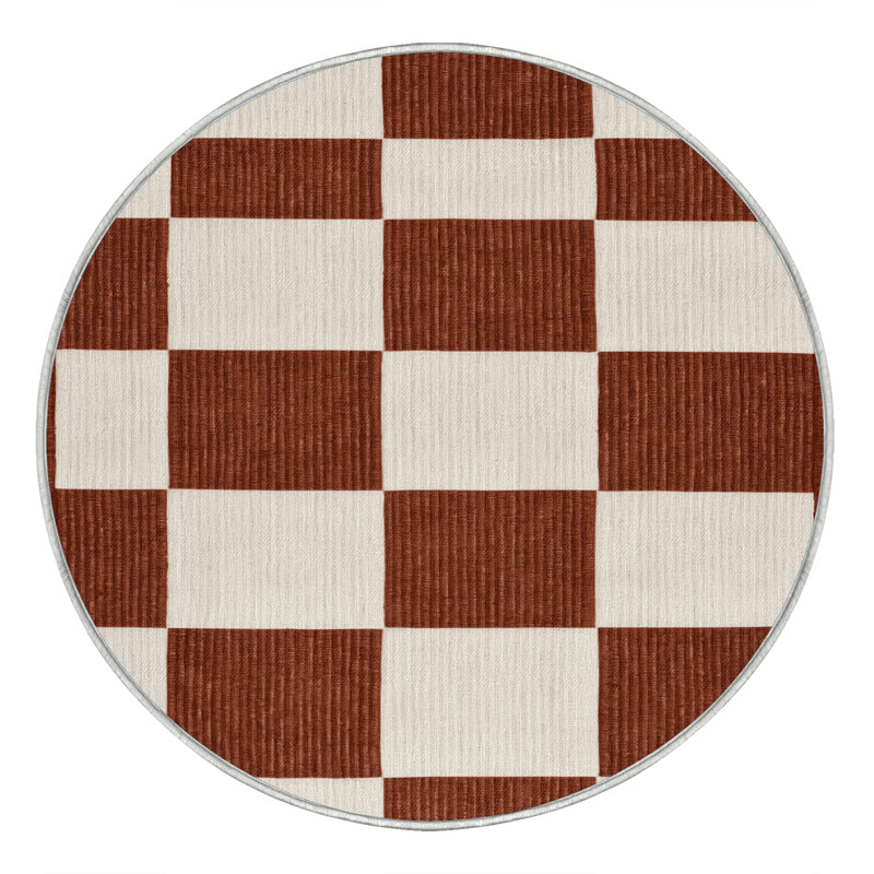 Tapis beige à carreaux lavable à la machine, Rond 7 pi