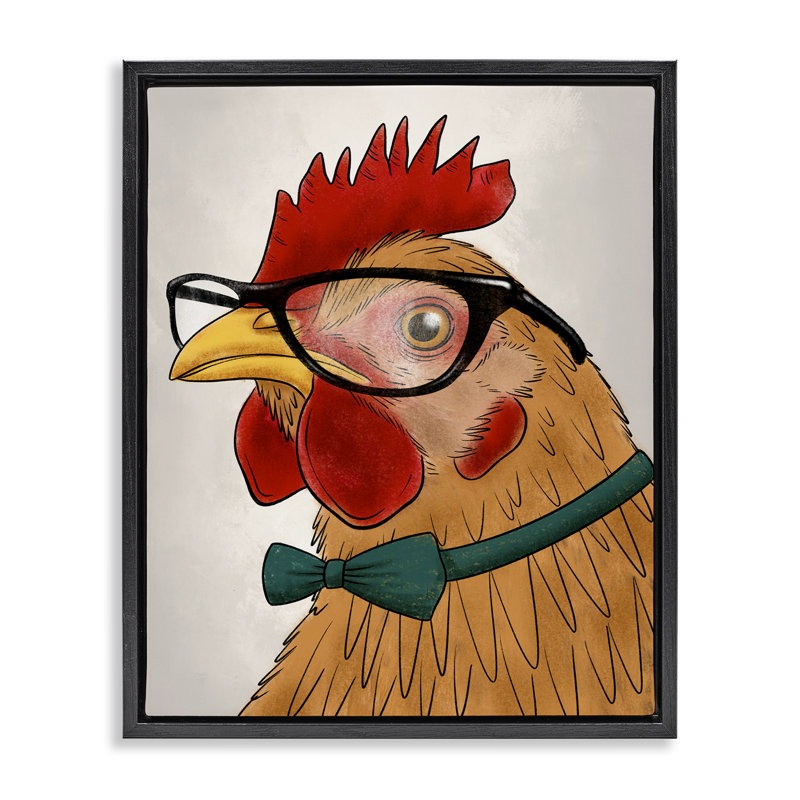 Cadre flottant amusant avec coq hipster, design par Marcus Prime, Cadre flottant noir de jais, H 21 po x l 17 po