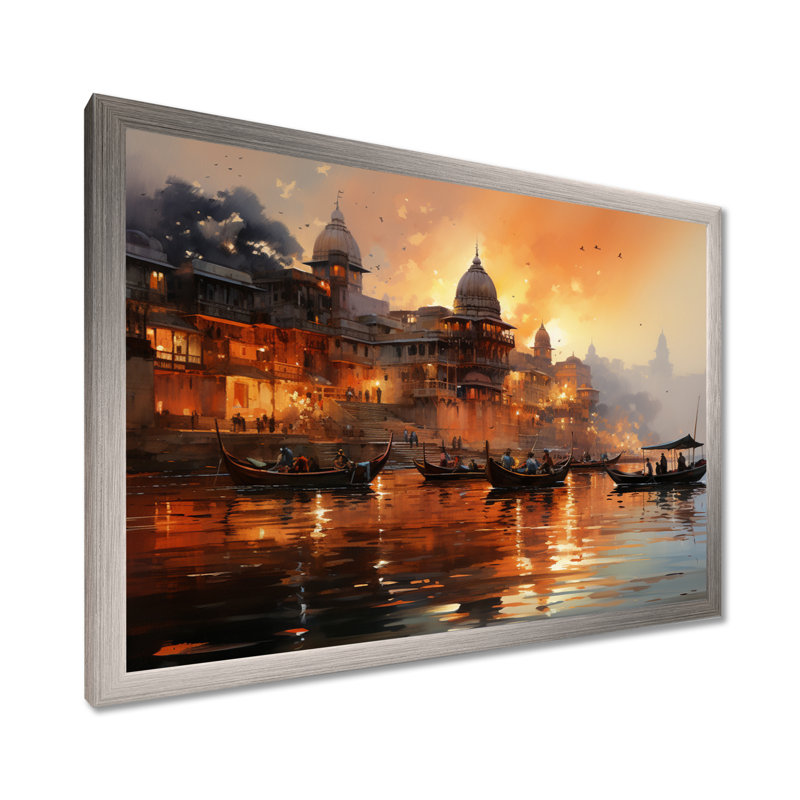 Indian Art Sunset At - Art mural indien, H 34 po x l 44 po x P 1,5 po, Cadre simple argenté