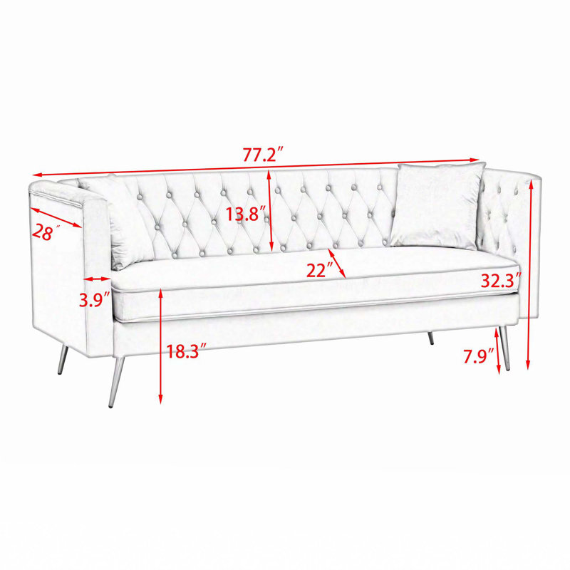 Canapé à accoudoirs carrés de 77,2 po Florim, Velours bleu sarcelle