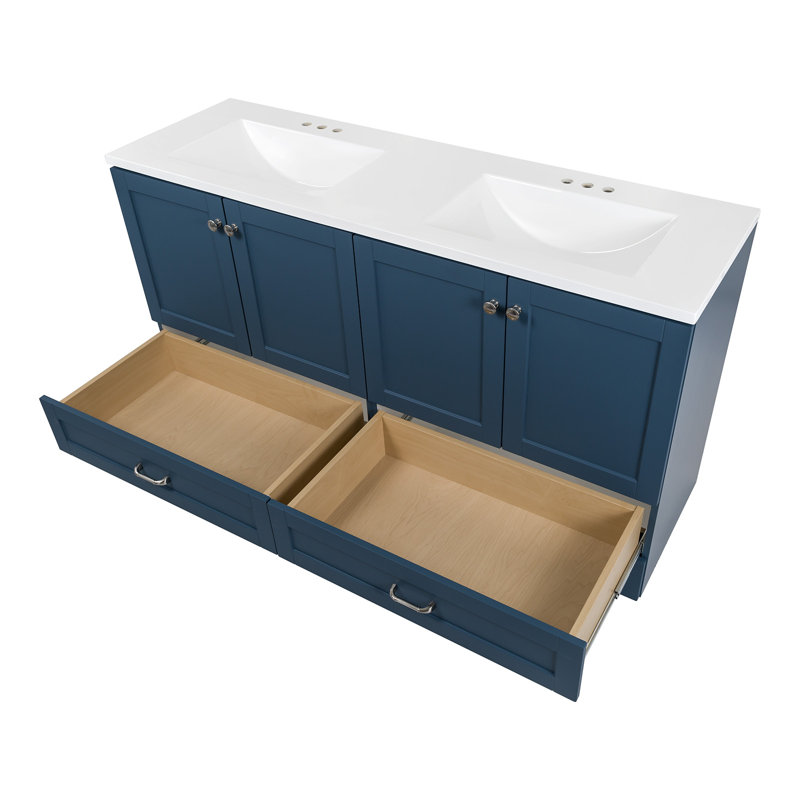 Meuble-lavabo double 60,50 po avec 2 armoires, 2 tiroirs et plateau en marbre de culture Emlyn, Bleu amiral