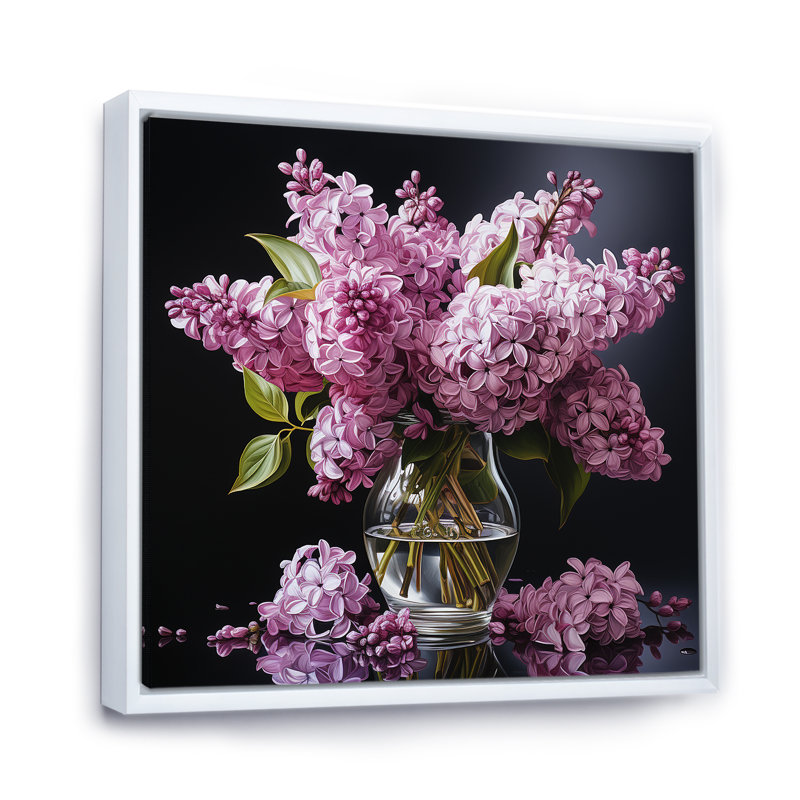 Élégant vase à bouquet de lilas, Cadre flottant blanc, H 30 po x l 30 po x P 1 po