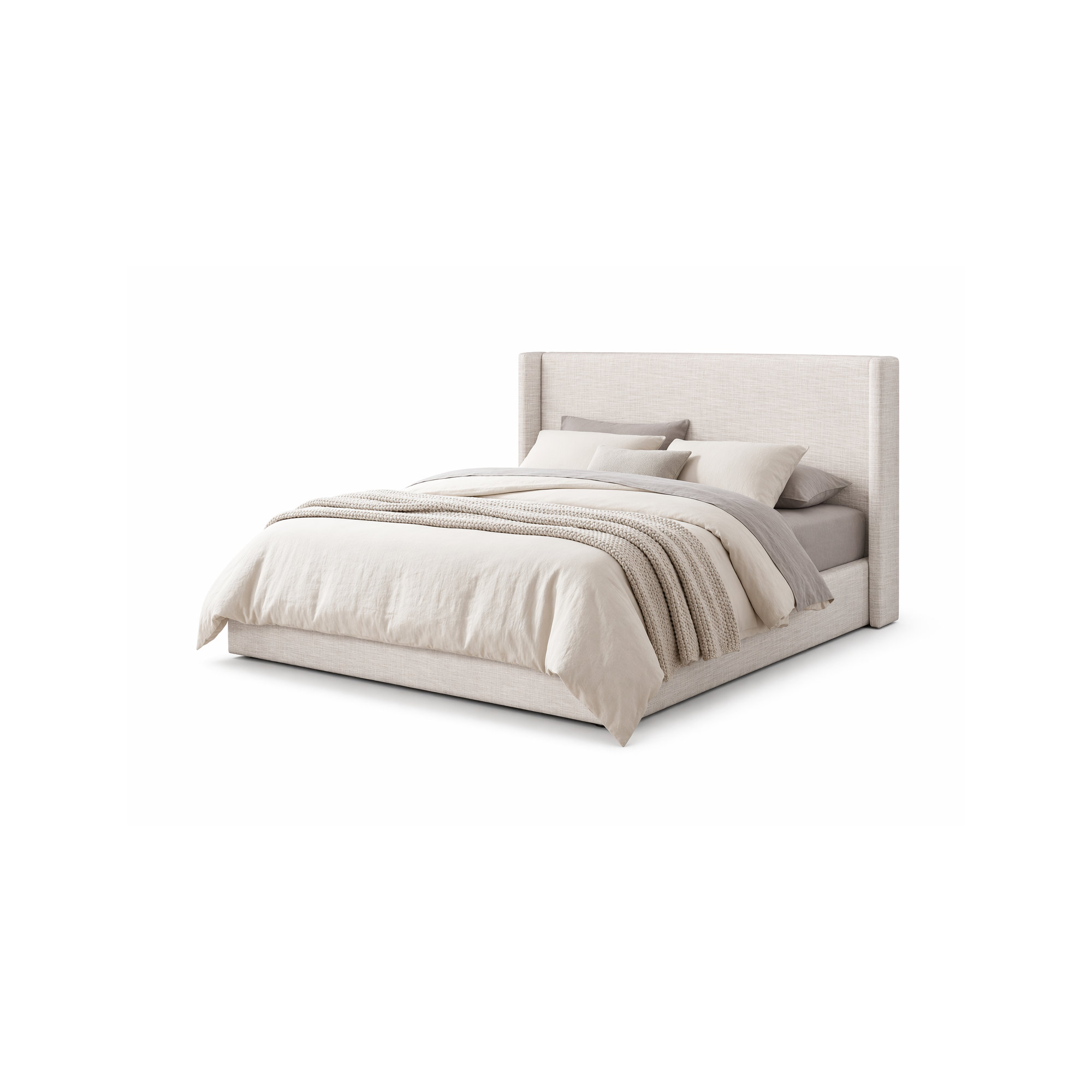 Nordic Upholstered Wingback Bed, White Linen, King