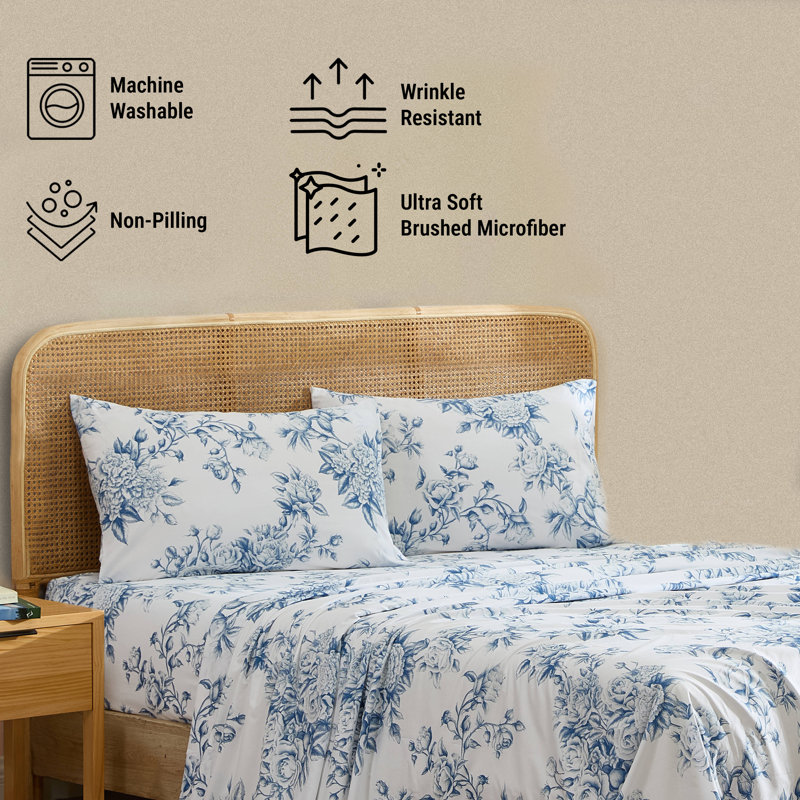 Queen Blue Floral Microfiber Bed Sheet Set