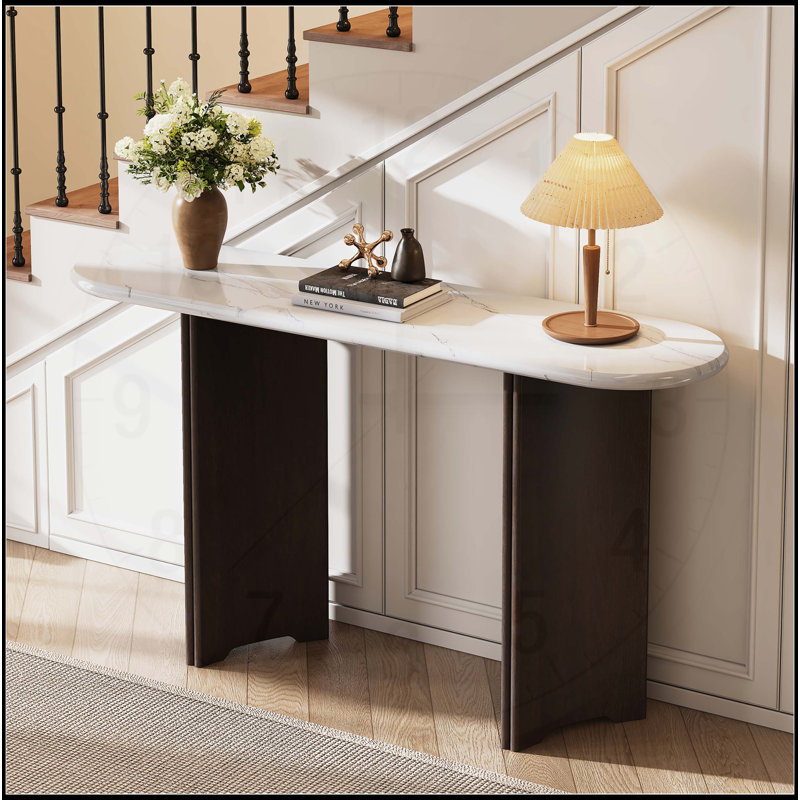 Charmante console rustique avec plateau ovale en marbre et pieds robustes, Marine
