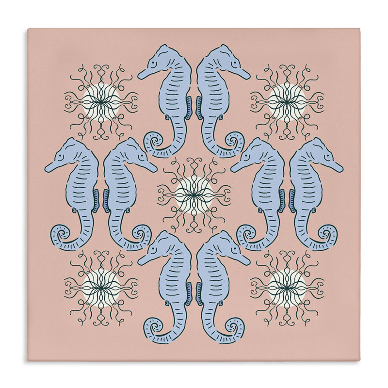 Toile symétrique à motif d'hippocampes corail, design par Sazerelli Designs, H 36 po x l 36 po