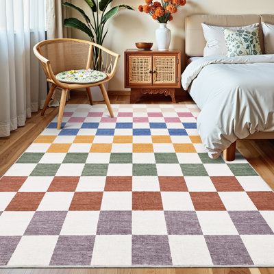 9x12 Extra Large Plaid Washable Area Rug - Low Pile, Stain-Resistant, Non-Slip TPR Backing for Living Room, Bedroom & Office