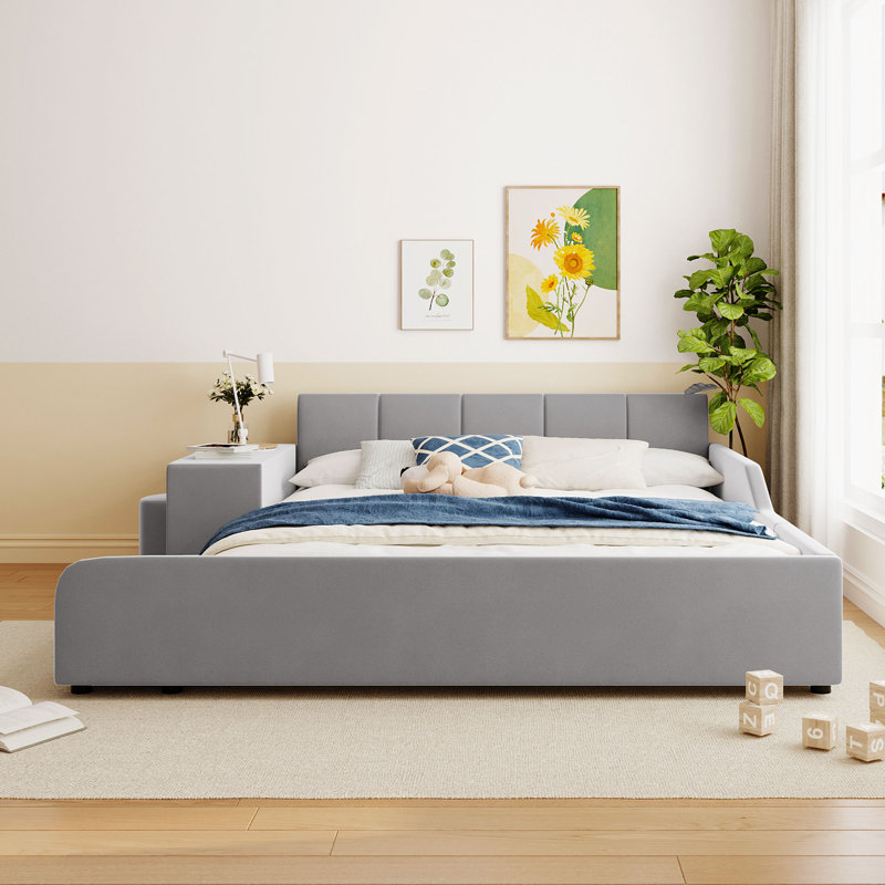Upholstered Low Standard Bed with Bedside Desk and Round Stool, Mother & Child Bed, Queen, Gray