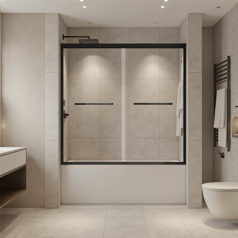 60" W x 58" H Metal Framed Shower Enclosure Double Sliding Glass Shower Door with Clear Tempered Glass