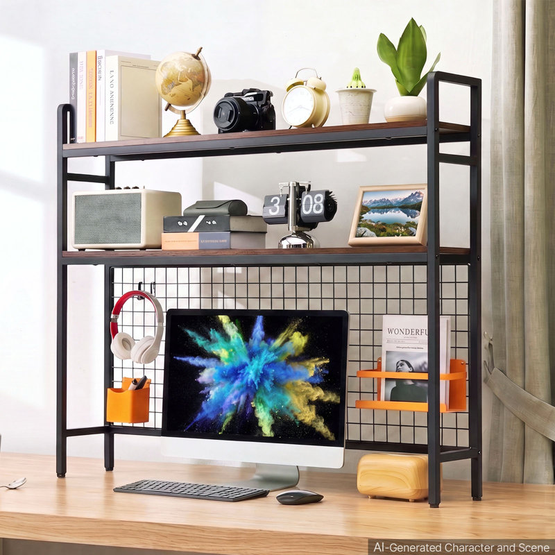 Étagère de bureau à 3 niveaux avec grille, structure en métal noir et tablette en bois, rangement de bureau pour chambre d'étudiant, maison, bureau, avec pieds antidérapants