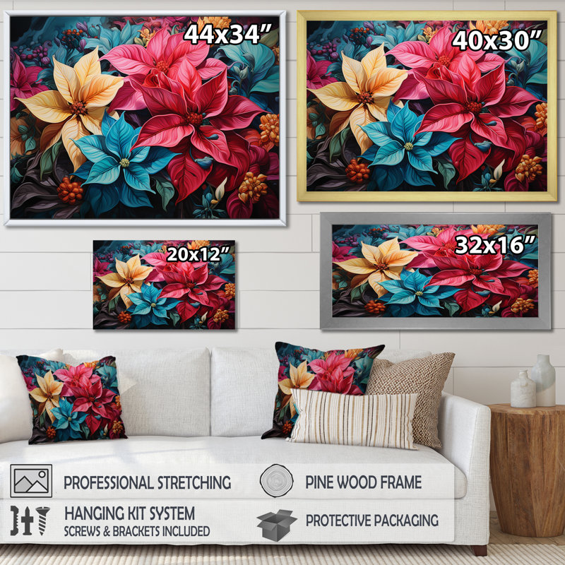 «Poinsettia Flower Burst», reproduction sur toile, H 24 po x l 32 po x P 1 po, Cadre photo noir