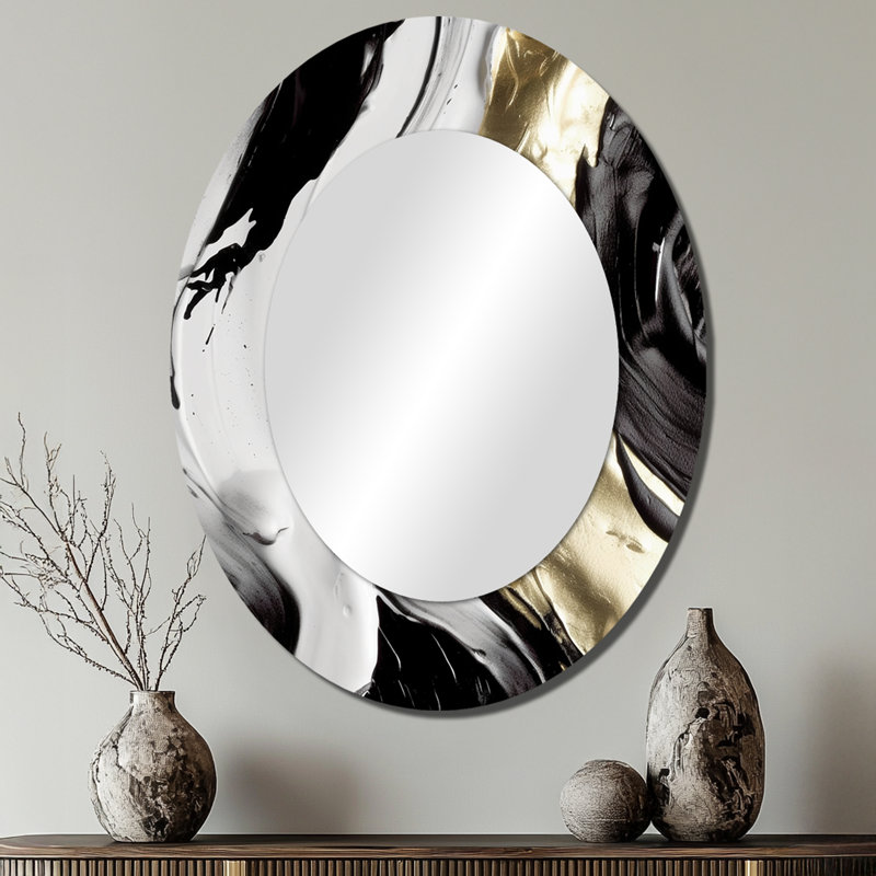 Exquisite Darling Gold Abstract Wave On Black IV - Gold Modern Oval Wall Mirror, 40" x 30"