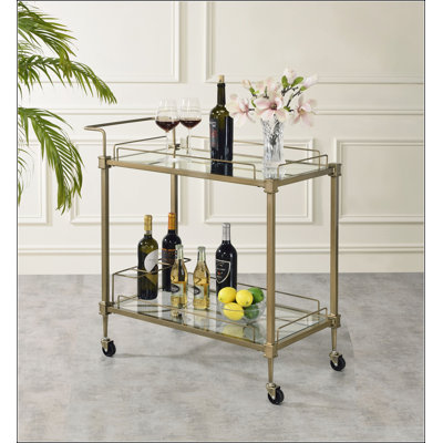 Chariot de service en laiton antique avec miroir Aditya avec deux tablettes en verre et roulettes