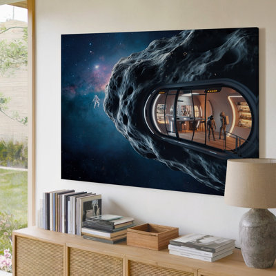 Toile, "Un vaste paysage d'un autre monde" se déroule sous une planète colossale, art mural orné d'anneaux chatoyants iridescents