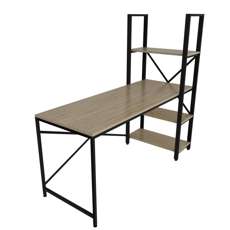 Bureau d'étude moderne avec bibliothèque, chêne et noir, 63,0 po x 29,5 po x 23,6 po | Panneau de particules enduit 100% mélamine, structure en métal, plusieurs tablettes pour un rangement supplémentaire, idéal pour les bureaux à domicile et les espaces d'étude