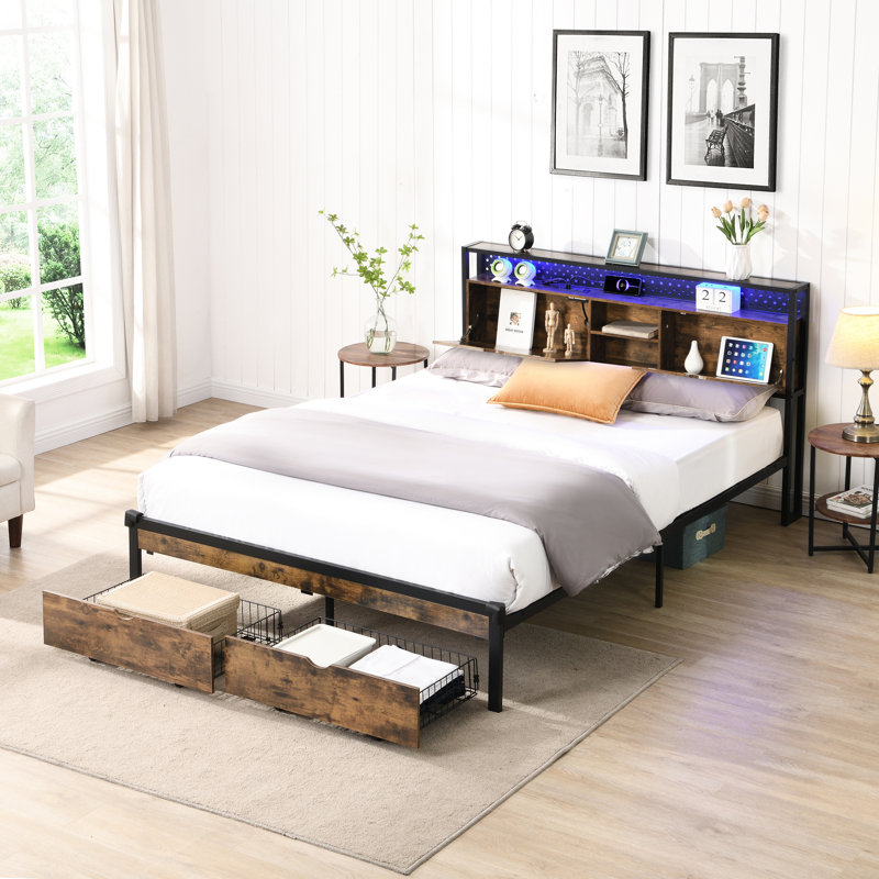 King Size Bed Frame With Metal Platform, Wooden Headboard, Charging, 2 Drawers, Led Lights, No Box Spring, Easy Assembly Feature Platform Frame, Headboard Storage Compartments, Simple Procedure