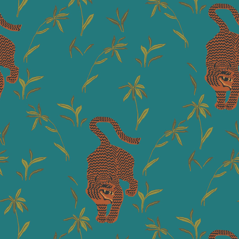 Stalking Tiger - Spruce Green Wallpaper, Paper, Non-Pasted, Jewel