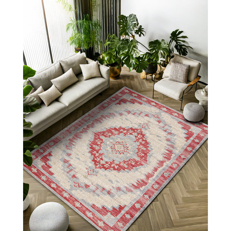 Marisol Burgundy Beige Gray Oriental Machine Printed Cotton Polyester Area Rug, Rectangle 6'7" x 11'6"