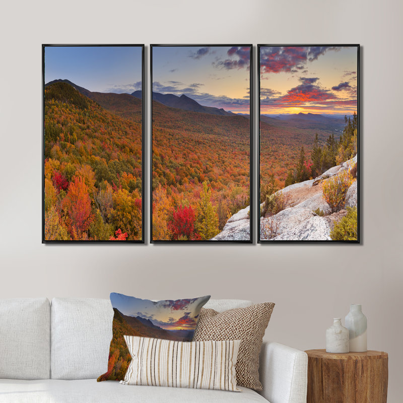 Endless Forêts in Fall Panorama - Ensemble de 3 reproductions sur toile, Cadre noir, H 28 po x l 36 po x P 1 po