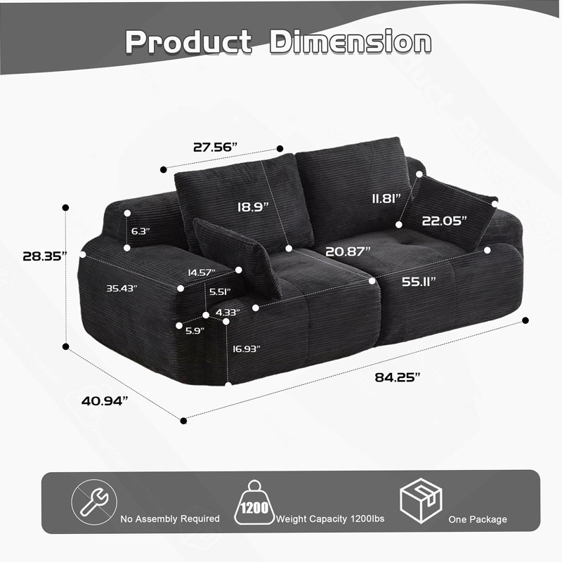 Boneless Modern Memory Foam Compressed 2 Seater Sofa, Pet-Friendly Cloud Modular Sectional For Living Room, No Assembly Needed