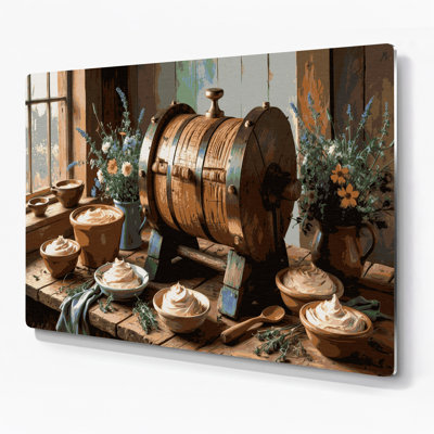 «Farm Butter Churns», art mural en métal brun