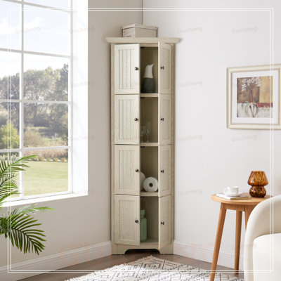 Armoire de rangement de coin avec 8 portes et tablettes, idéale pour les solutions de rangement organisées et élégantes