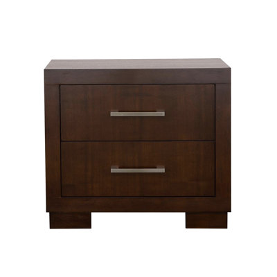 Table de chevet de couleur cappuccino avec 2 tiroirs pour la chambre à coucher - matériau de panneau de particules, doublure en feutre, meubles en finition argent à poignées en panneau, protection doublée,