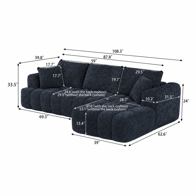 Canapé Boneless, canapé modulaire en L Chenille, Dark Blue, Right Hand Facing