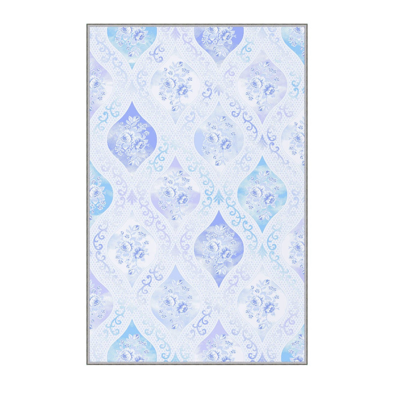Tapis en polyester tissé à la machine Carr bleu pastel, Rectangle 2 pi 7 po x 4 pi 11 po