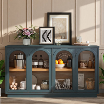 Buffet de rangement TREXM à 4 portes, grand modèle, bleu marine, avec portes vitrées et étagères réglables, idéal pour la cuisine, la salle à manger ou le salon.