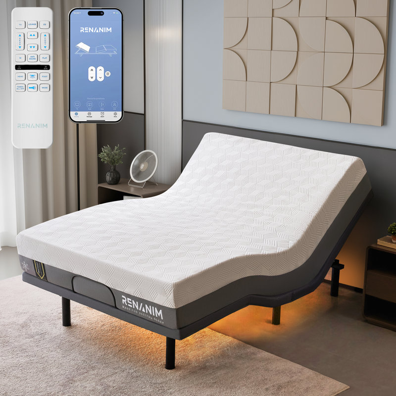Lit ajustable avec matelas hybride, fonction massage, port USB, éclairage sous le lit, télécommande sans fil et application de contrôle
