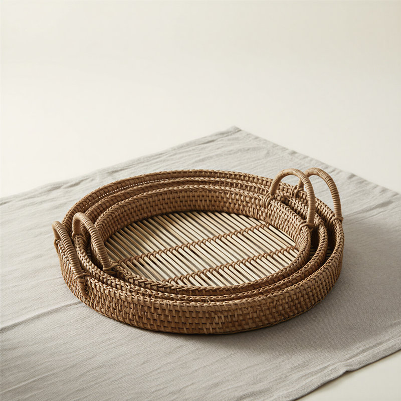 Round Woven Rattan Serving Trays With Handles, Natural Bamboo Serving Tray Set