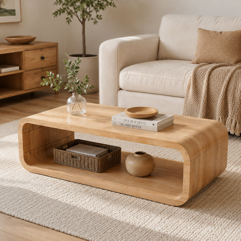 Rounded Rectangular Solid Wood Coffee Table with Lower Open Shelf, Modern Low-Profile Center Table with Curved Waterfall Frame, Light Natural Wood