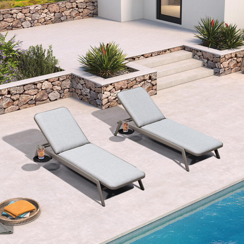 Aluminum Pool Side Sun Lounges Adjustable Reclining Patio Set Pack Of 2 With Cushion, Fog Gray Cushion/Fog Gray Frame