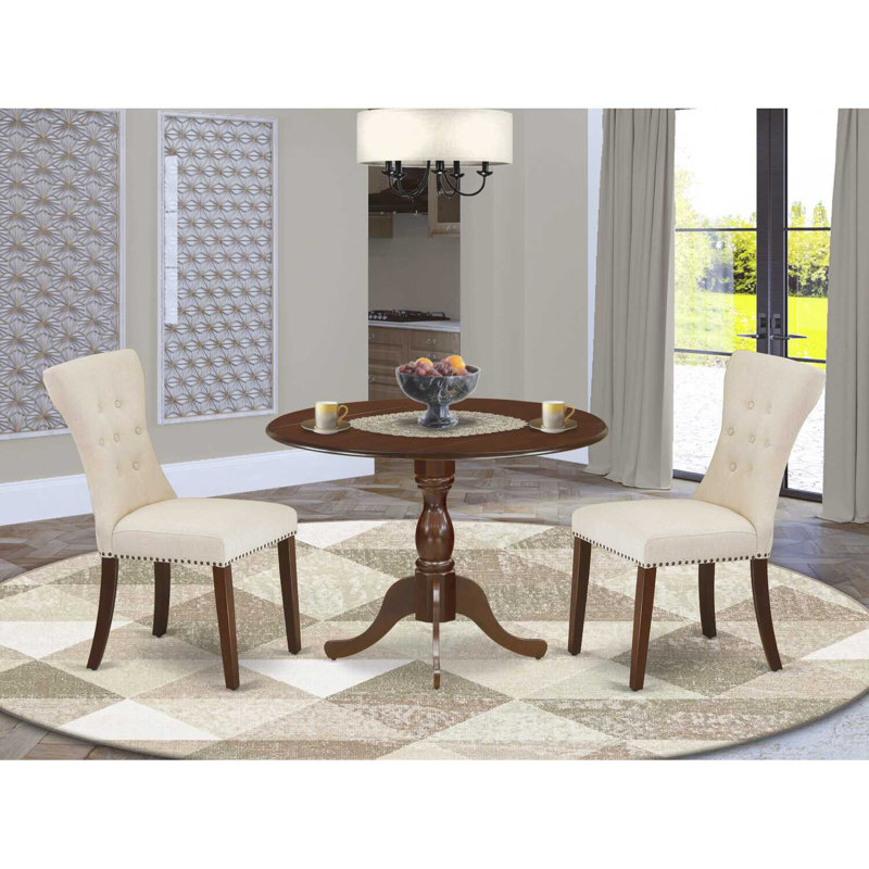 L'ensemble de salle à manger 3 pièces contient une table de salle à manger ronde avec Dropleaf et 2 chaises rembourrées en tissu de lin beige clair, 42 x 42 pouces, acajou