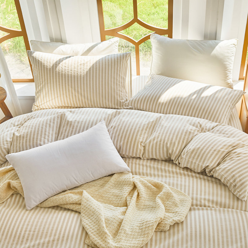 Ensemble de housse de couette rayée 100% coton délavé XINMIANFANG, Housse de couette double + 2 taies d'oreiller stan