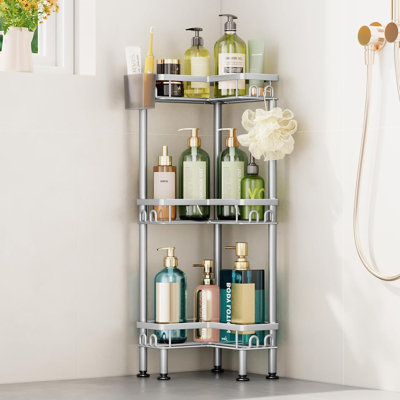 Étagère de douche d'angle sur pied - Organisateur de douche d'angle à 3 niveaux avec porte-brosse à dents et 12 crochets, étagères de salle de bain antirouille grande capacité, argent