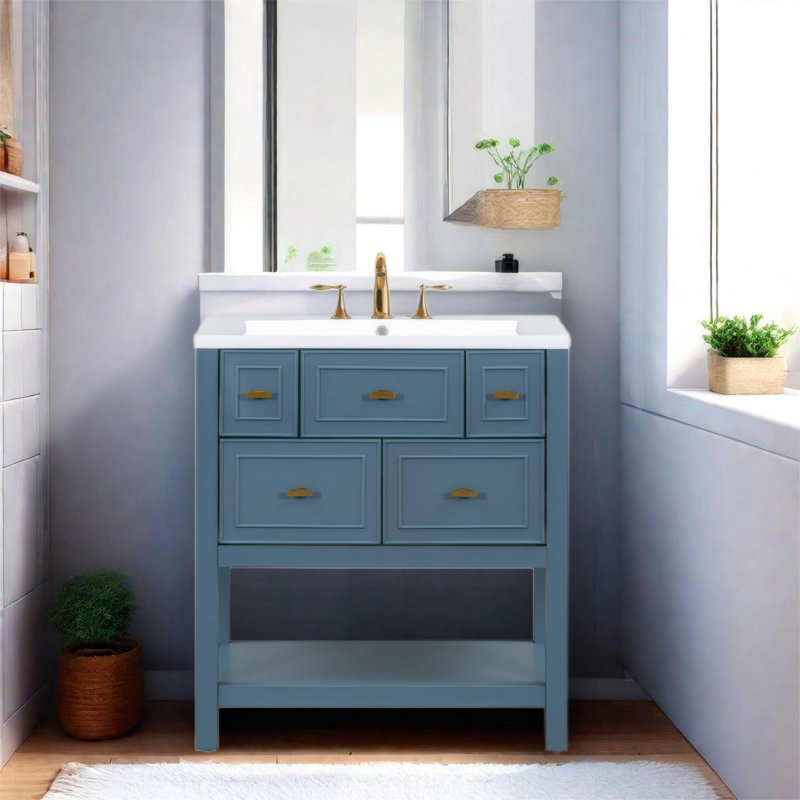 Ensemble de meuble-lavabo 30 po avec évier en céramique, 5 tiroirs, structure en bois massif , Bleu