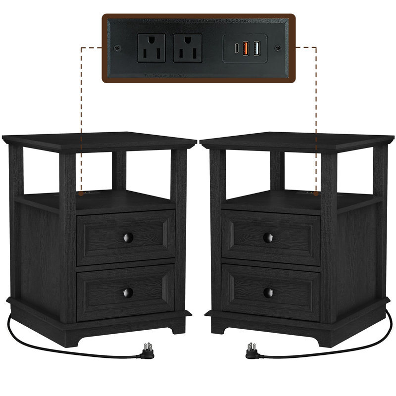 Deiren 2-Drawer Manufactured Wood Nightstands with Storage and Built-in Outlets, Antique Black, Set of 2
